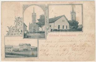 1908 Petrozsény, Petroseni, Petrosani; Római katolikus templom és iskola, Evangélikus templom, Szt. Ferencrendi nővérek zárdája. Honisch udvari fényképész felvétele / churches, school, nunnery. Art Nouveau, floral (r) + &quot;PETROZSÉNY-PISKI 128. SZ.&quot; vasúti mozgóposta