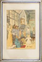 Csók István (1865-1961): Életkép, gyermekek a szalonban. Színezett rézkarc, papír, jelzett, 35x27 cm...