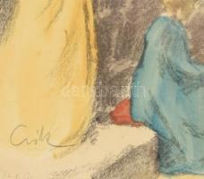 Csók István (1865-1961): Életkép, gyermekek a szalonban. Színezett rézkarc, papír, jelzett, 35x27 cm...