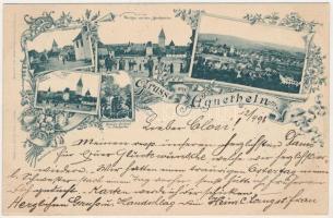 1898 (Vorläufer) Szentágota, Agnetheln, Agnita; utca, Piac tér, Evangélikus templom és iskola, Fronius szobor / Strassenbild, Marktplatz, Kirche, Hauptvolksschule, Denkmal im Schulgarten / street, square, church, school, statue. Art Nouveau, floral