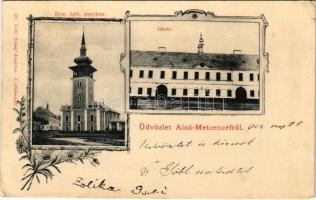 1904 Mecenzéf, Alsó-Metzenzéf, Alsómecenzéf, Metzenzéf, Nizny Medzev; Római katolikus templom, iskola. Ifj. Göbl József kiadása / church and school. Art Nouveau, floral (EK)