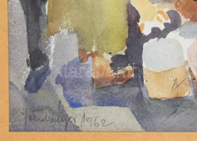 Szentiványi Lajos (1909-1973): Piac. Akvarell, papír, Jelzett,. 48x28 cm. Üvegezett keretben