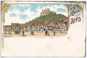 Kőhalom, Reps, Rupea; Burg / vár, Fő tér / castle, main square. Hans Gross Art Nouveau, litho