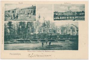 1900 Pechenizhyn, Peczenizyn; Rynek, Rafinerya, Wjazd Kolei lokalnej do Rafineryi nafty / square, industrial railway to the oil refinery, factory (Rb)