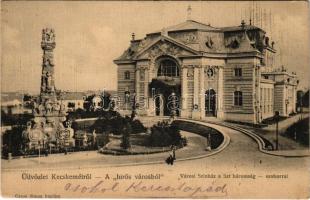 1903 Kecskemét, Városi színház és Szentháromság szobor. Gross Simon kiadása (fl)