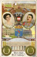 1917 Gott erhalte, Gott beschütze! / Charles I of Austria and Queen Zita, K.u.K. military propaganda with coat of arms. B.K.W.I. 752-67. Art Nouveau s: F. Witt + "M. kir. budapesti 1. honvéd gyalogezred" (lyukasztott / punched hole)