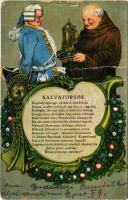 Salvatorsör. Német sör reklám + &quot;Forster Apostolok Sörözője IV. KÍgyó utca 6.&quot; bélyegzés a hátoldalon / German Paulanerbrau München, Salvator beer advertisement. Art Nouveau, litho (fa)