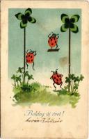 Boldog Újévet! / New Year greeting art postcard with ladybugs and clovers. Emb. litho (fl)