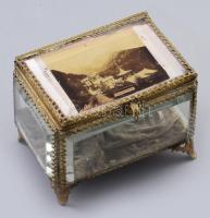 cca 1890 Tátra Tarpatak-füred emlék doboz. csiszolt üveg, réz kerettel, tetején fényképpel. / Tatra Stary Smokovec, memory box. frosted glass, with a copper frame, with a photo on top.   8x10x8 cm