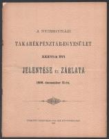 1899 A Nyíregyházi Takarékpénztár-egyesület XXXVI-ik évi jelentése és zárlata 1898. deczember 31-én. Nyíregyháza, 1899, Jóba Elek-ny., 14+(2) p. Kiadói tűzött papírkötés, kissé sérült borítóval.