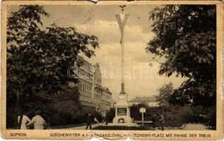 1936 Sopron, Széchenyi tér, Országzászló. Akár eső, akár hó: a Nikotex mindig jó. - reklám a hátoldalon (szakadások / tears)