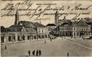 1911 Zilah, Zalau; Kossuth tér, üzletek. Seres Samu kiadása / square, shops (fa)