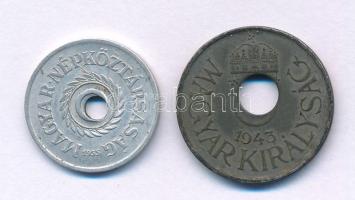 1941. 20f Fe technológiai hibás veret (félrecsúszott lyukasztás) + 1955. 2f Al technológiai hibás ve...