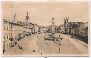 1917 Besztercebánya, Banská Bystrica; IV. Béla király tér, szálloda, piac, üzletek. Machold F. kiadása. Hátoldalon kihajtható szecessziós üdvözlet / square, hotel, pharmacy, shops, fountain. Art Nouveau fold-out greeting on the backside (fl)