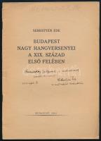 Sebestyén Ede: Budapest nagy hangversenyei a XIX. század első felében. (Dedikált!) Tanulmányok Budapest múltjából VIII. különlenyomat. Bp., 1941, szerzői kiadás (Budapest székesfőváros házinyomdája), 35+(1) p. Kiadói tűzött papírkötés, a címlap és az utolsó lap sérült. A szerző, Sebestyén Ede (szül. Schosberger) (1875-1950) író, műfordító, újságíró, szerkesztő, zenetörténész által Ruzicskay György (1896-1993) festőművész részére dedikált példány: ,,Ruzicskay Györgynek, a művésznek őszinte barátsággal Sebestyén Ede, a művészek krónikása, 1941. ápr. 3.".