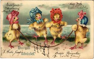 1904 Húsvéti üdvözlet! Ugrálókötelező csibék / Easter greeting, chicken playing jump rope. M.S.i.B. litho