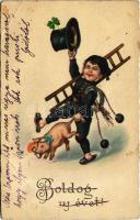 1930 Boldog újévet! kéményseprő malaccal / New Year greeting, chimney sweeper with pig (EB)