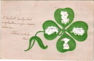 1901 Dombornyomott szecessziós újévi üdvözlet lóherével / New Year greeting, Art Nouveau embossed clover, B.R.W. 332.