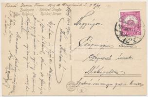 1929 Budapest VII. Rákóczi út, villamos, hirdetőoszlop reklámokkal, üzletek (fl)