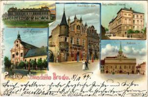 1899 (Vorläufer) Havlíckuv Brod, Nemecky Brod; Nemocnice, Havlíckuv dum, Skoly mestansé i obecné, Radnice, C. K. Gymnasium / hospital, school, town hall. Art Nouveau, litho (fa)