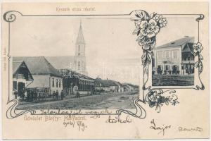 1906 Bánffyhunyad, Huedin; Kossuth utca, Temes István kalapos üzlete. Dobay Pál kiadása / street, shops. Art Nouveau, floral