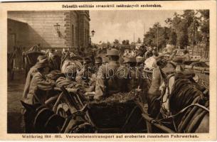 Weltkrieg 1914, Verwundetentransport auf eroberten russischen Fuhrwerken / Osztrák-magyar sebesült katonák szállítása oroszoktól zsákmányolt szekereken / WWI military, injured K.u.K. soldiers on Russian captured carriages. Kilophot 1915. K. 156.