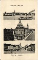 Szávaszentdemeter, Mitrovice, Mitrovitz an der Save, Sremska Mitrovica; Savska obala, Glavni trg / Save Quai, Hauptplatz / Száva rakpart, gőzhajó, Fő tér / riverside, main square, steamship (cut)