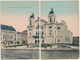 Kolozsvár, Cluj; Nemzeti színház és Igazságügyi palota. 2-részes panorámalap (szétesett) / theatre, Palace of Justice. 2-tiled folding panoramacard (torn apart) (b)