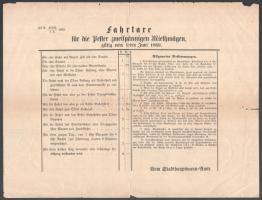 1868 Fahrtare für die Pester zweispännigen Miethwägen giltig vom 1-ten Juni 1869. / A pesti kétlovas bérkocsik viteldíjai 1869. június 1-től. Német nyelvű hirdetmény, hajtva, lapszéli szakadásokkal, 29,5x22,5 cm