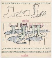 1925 Osztályellenes izgatás: Senkinek se legyen több cipője, míg mindenkinek nincs egy. - Schima András Bandi (1882-1959) győri iparművésznek címzett levél Martos Ferenctől Mezőkövesdről / Hungarian hand drawn propaganda art (13 x 14,6 cm)