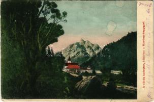 Vöröskolostor, Cerveny Klástor (Alsólehnic, Pod Lechnica); Vörös kolostor, háttérben a Korona-hegy. Divald Károly Fia kiadása / monastery, Tri Koruny mountain (EK)