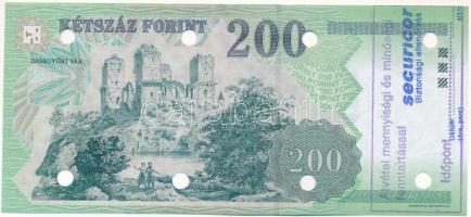2004. 200Ft "FB 5464849" hibásnak feltüntetett bankjegy, lyukasztásokkal, áthúzással és ha...