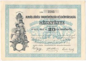 Bácsalmás 1926. &quot;Almás-Járási Takarékpénztár Részvénytársaság&quot; részvénye 20P-ről, szárazpecséttel, szelvényekkel T:XF