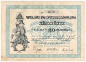 Bácsalmás 1926. &quot;Almás-Járási Takarékpénztár Részvénytársaság&quot; részvénye 20P-ről, szárazpecséttel, szelvényekkel T:XF