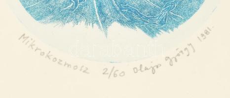 Olajos György (1953-): MIkrokozmosz. Rézkarc, papír. jelzett, sorszámozott 2/60 d: 8 cm Üvegezett ke...