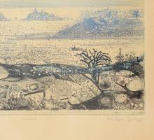 Olajos György (1953-): Séta. Rézkarc, papír. jelzett, próbanyomat. Üvegezett keretben 16x14 cm