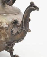 Antik ezüstözött réz szamovár, tartóval, borszeszégővel, kopott, m: 34,5 cm