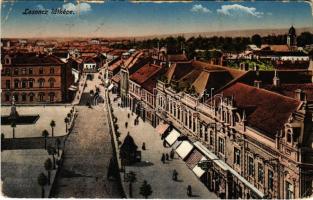 1916 Losonc, Lucenec; látkép, zsinagóga, üzletek. Fischer Sándor kiadása / general view, synagogue, shops (szakadás / tear)