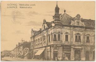 1938 Losonc, Lucenec; Rákócziho cesta / Rákóczi utca, Hammermüller üzlete / street view, shops + &quot;1938 Losonc visszatért&quot; So. Stpl. (EK)