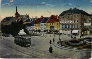 1917 Pozsony, Pressburg, Bratislava; Sétatér, villamos, Kern Endre üzlete / promenade, tram, shops (Rb)