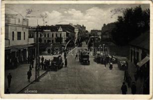 1930 Ungvár, Uzshorod, Uzhhorod, Uzhorod; utca, híd, üzletek, automobil, autóbusz / street, bridge, shops, automobile, autobus (EB)