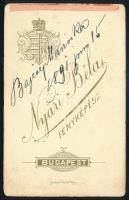 1891 "Bajcsy Mariska" portréja, vizitkártya Nyári Béla békéscsabai műterméből, a hátoldalo...