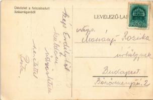 Szászrégen, Reghin; Fő tér, autóbusz, Nivea, Cauron üzlet. "Üdvözlet a felszabadult Szászrégenb...