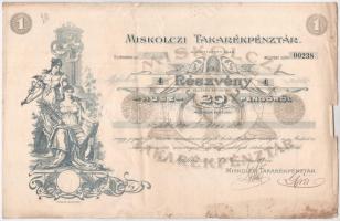 Miskolc 1926. &quot;Miskolczi Takarékpénztár&quot; részvénye 20P-ről szelvényekkel T:F foltos