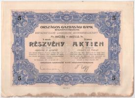 Budapest 1927. &quot;Országos Gazdasági Bank Részvénytársaság&quot; 5db részvénye egyben, egyenként 10P-ről szelvényekkel, magyar és német nyelven T:VF széleken foltok, beszakadások