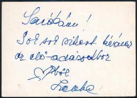 Lorán Lenke (1927-2017) színésznő autográf aláírása és sorai őt ábrázoló kép hátoldalán, 15x10 cm