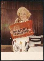 Lorán Lenke (1927-2017) színésznő autográf aláírása és sorai őt ábrázoló kép hátoldalán, 15x10 cm