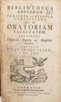 Gab. Franc. LeJay: Bibliotheca Rhetorum, praecepta et exempla complectens, quae ad Oratoriam facultatem, pertinent discipulis pariter ac magistris perutilis. Auctore P. - - -. Tyrnaviae [Nagyszombat], 1767, Typis Collegii Academ. Soc. Jesu, 8 sztl. lev.+ 512 p.+ 8 sztl. Korabeli félbőr-kötésben, kopott borítóval, sérült gerinccel, a könyvtest elvált a borítótól és a kötése laza, foltos lapokkal, kb. a 480. oldaltól a gerinc mentén sérült, hiányos lapokkal.