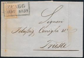 1857 6kr MP III függőleges hajtásnyommal levélen &quot;ZENGG&quot; - piros &quot;TRIEST&quot;