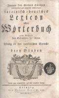 Scheller, Immanuel Johann Gerhard: Ausführliches und möglichst vollständiges Lateinisch-deutsches Lexicon oder Wörterbuch zum Beruhe der Erklärung der Alten und Übung in der lateinischen Sprache in drey Banden. Zweyte, ganz umgearbeitete und sehr vermehrte Auflage. Band I-III. [Teljes, három kötetben.] [Lipcse] Leipzig, 1788. Bey Caspar Fritsch. 2 t. (rézmetszetű címkép + rézmetszetű vignettát tartalmazó díszcímlap) + XXXVII + [3] p. + 2292 hasáb; [2] p. + 2293-5348 hasáb; [2] p. + 5349-7834 hasáb + [5] p. Immanuel Johann Gerhard Scheller (1735-1803) német klasszika-filológus és lexikográfus, szótárszerkesztő, előbb a brandenburgi Lübben líceumának rektora, majd a sziléziai Brieg város királyi gimnáziumának professzora és igazgatója. 1783-tól jelentek meg monumentális német-latin és latin-német szótárai, az újabb kiadásokban egyre nagyobb terjedelemben. Latin-német szótára hatalmas klasszika-filológiai tudásanyagot mozgat, az egyes szócikkek szómagyarázataiban antik auktorok szövegpéldáit is idézi. Példányunk az öt évvel később megjelenő, javított, bővített kiadásból való. A kötetek címlapjain régi tulajdonosi bélyegzés, a kötetek lapjain enyhe foxing, az első kötet címképén és címlapján, valamint a kötet leveleinek felső sarkában enyhe foltosság, a második kötet levelein alul, a harmadik kötet utolsó leveleinek felső ötödén halvány foltosság. A második kötet utolsó 30 levelének szélén a szövegtükröt nem érintő apró szúrágásnyom, a harmadik kötet első felének levelein apró szúrágásnyom. Az első kötet címképén, díszcímoldalán és az azt követő 10 levélen apró javítás, a harmadik kötet címoldalán és az azt követő 27 levélen, valamint a kötet középső íveinek 50 levelén kisebb javítások. Egységes, XX. század második feléből származó, vaknyomásos félbőr kötésben, színes festésű lapszélekkel. Jó példány.